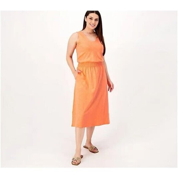 Belle by Kim Gravel Petite Slub Knit Smocked Waist Dress Paradise Coral Pet,M - Picture 1 of 1
